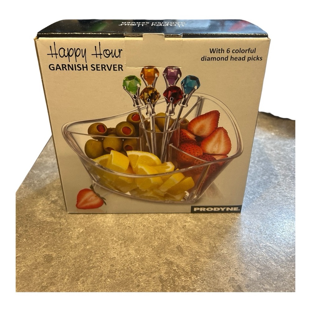 NWT Prodyne GS-7-C Happy Hour Garnish Server +6 Diamond Head Picks NEW-BPA Free.